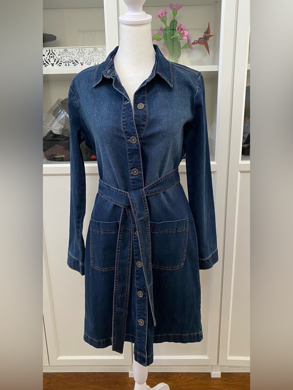 Style & Co Dark Wash Denim Belted Shirt Dress Long Sleeve Size Small